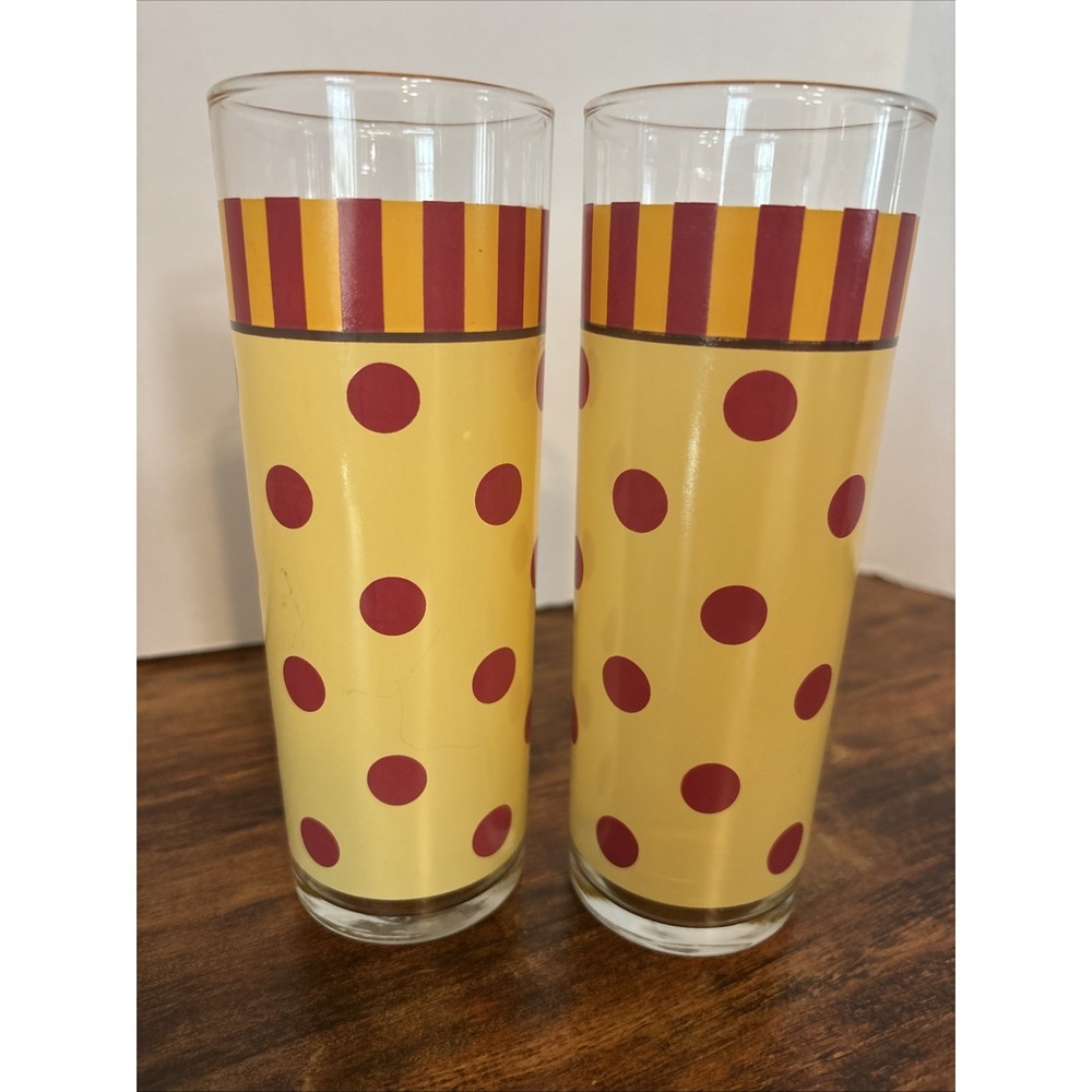 Set 2 Retro MCM Polka Dot Striped Yellow And Red‎ Drinking Glasses Gail Pittman